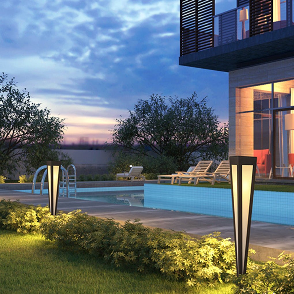 Square-Top Conical Bollard Path Light — Aluminum & Acrylic, Adjustable RGB Solar LED, 17.7" / 24.4" / 47.2"