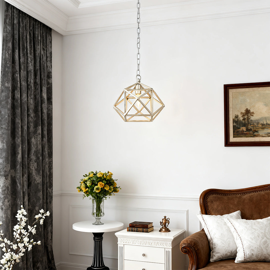 Geometric Pendant Light — Gold Metal, Adjustable Chain, E12, 10" Diameter