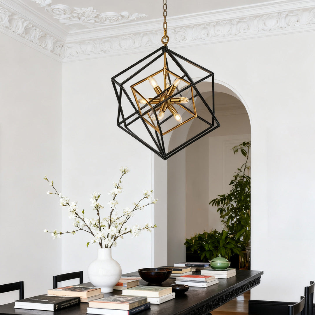 Industrial Square Pendant Light — Black and Gold Iron, Acrylic Shade, E12, Adjustable Chain, 26"