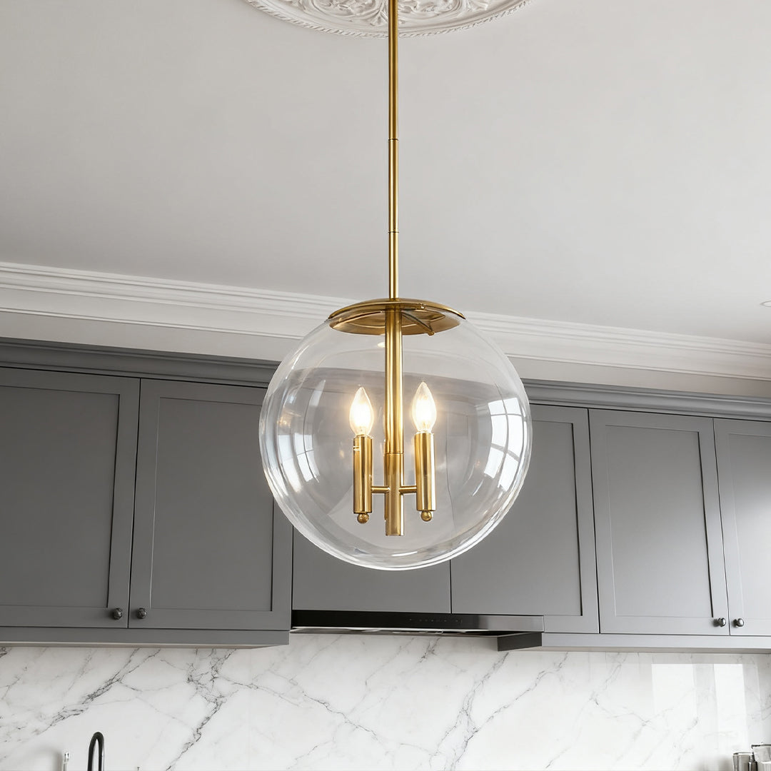 Clear Globe Pendant Light — Gold Metal Frame, Transparent Glass, E12, 2-Light, Adjustable to 52.76"
