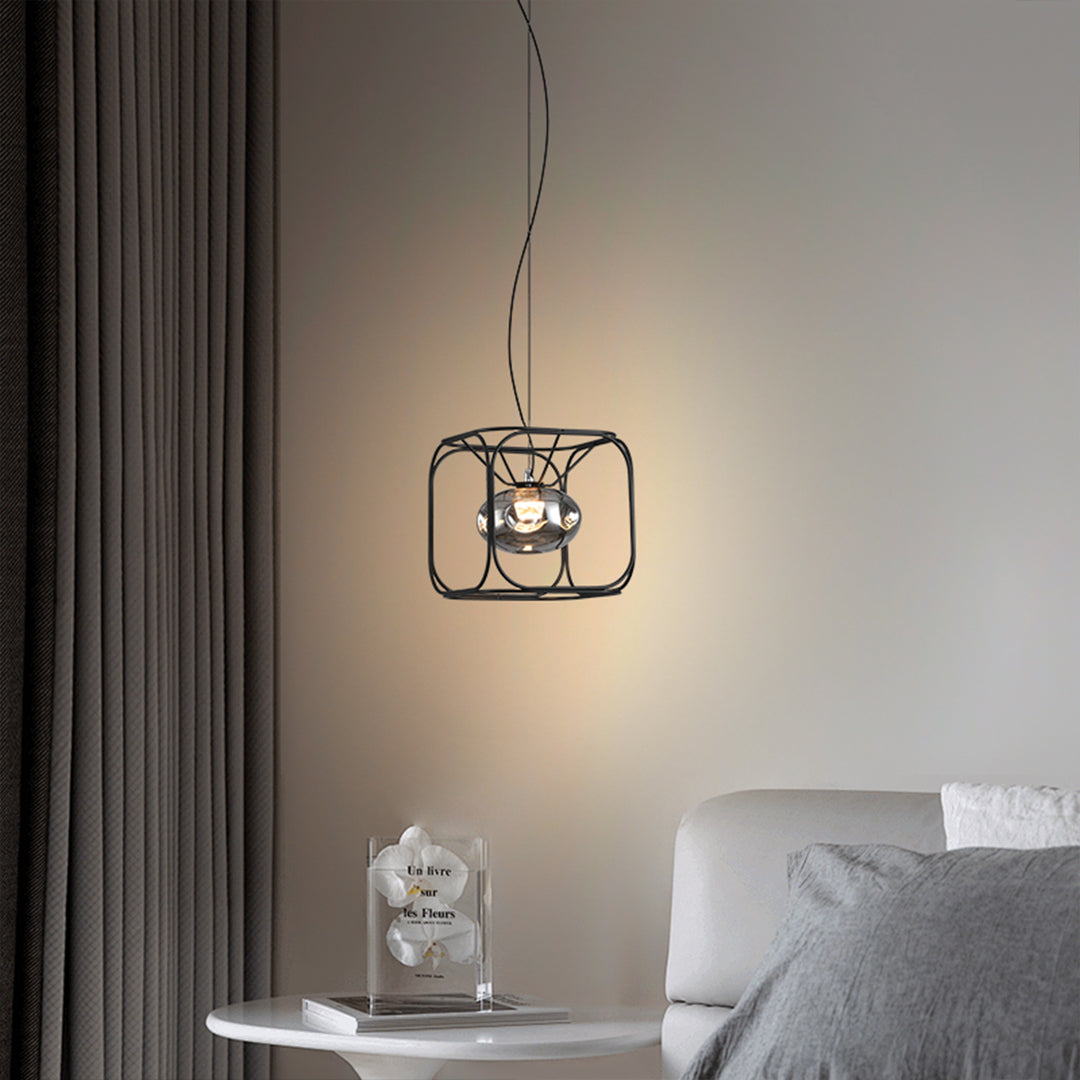 Magic Cube Caged Geometric Pendant — Black Iron, Smoked Glass, LED, 7W–28W, 1- to 4-Light