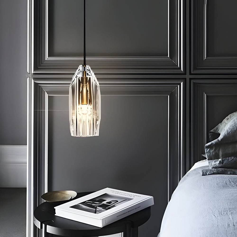 single clear geometric pendant light with crystal accents