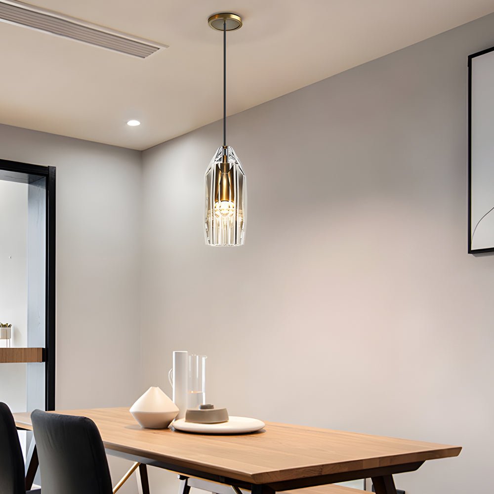 single clear geometric pendant light with crystal accents