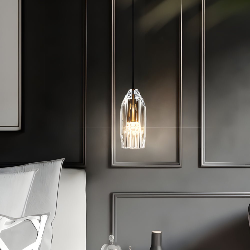 single clear geometric pendant light with crystal accents