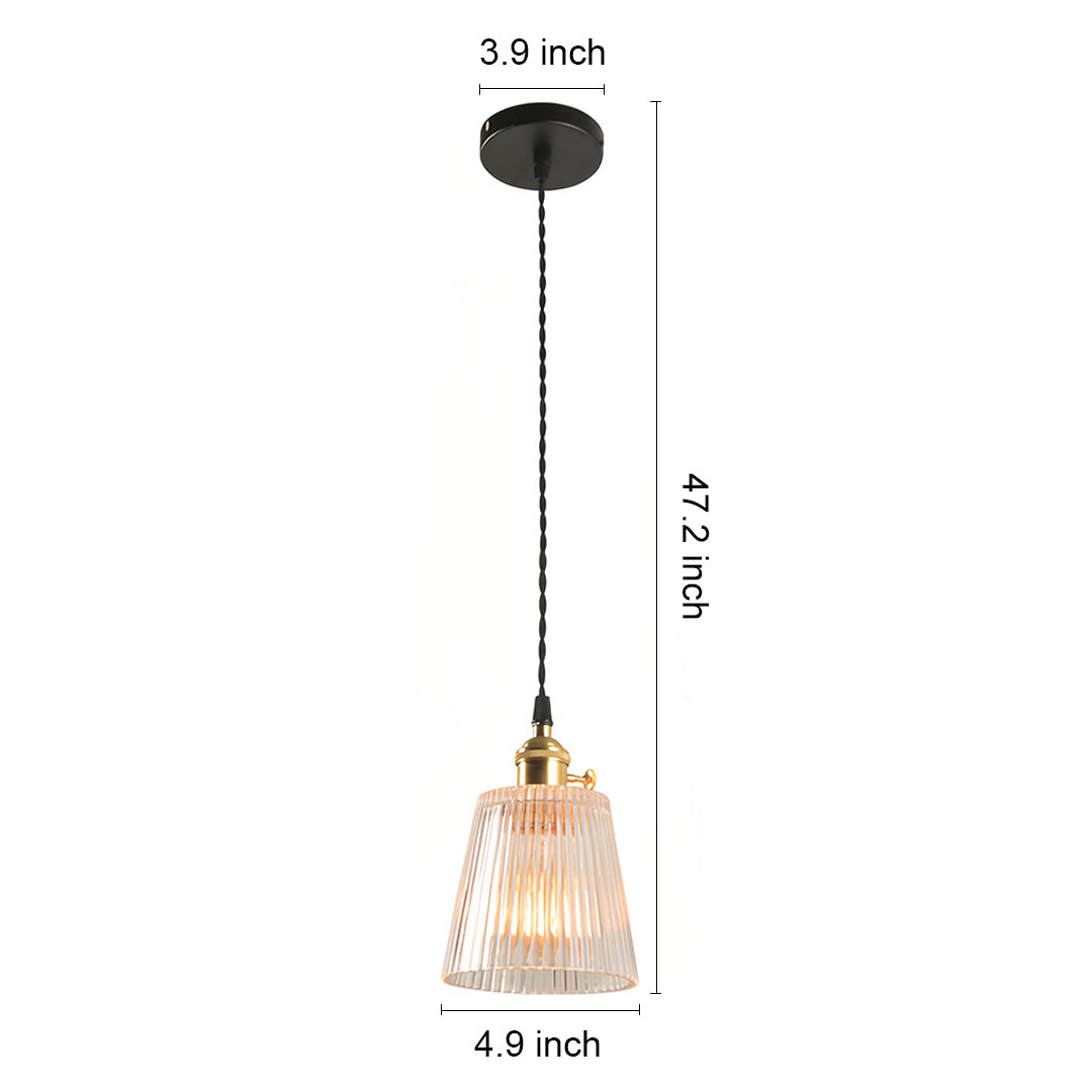Minimalist Brass Mini Pendant — Clear Striped Glass, E26, 1-Light, Adjustable 1.4m Cord