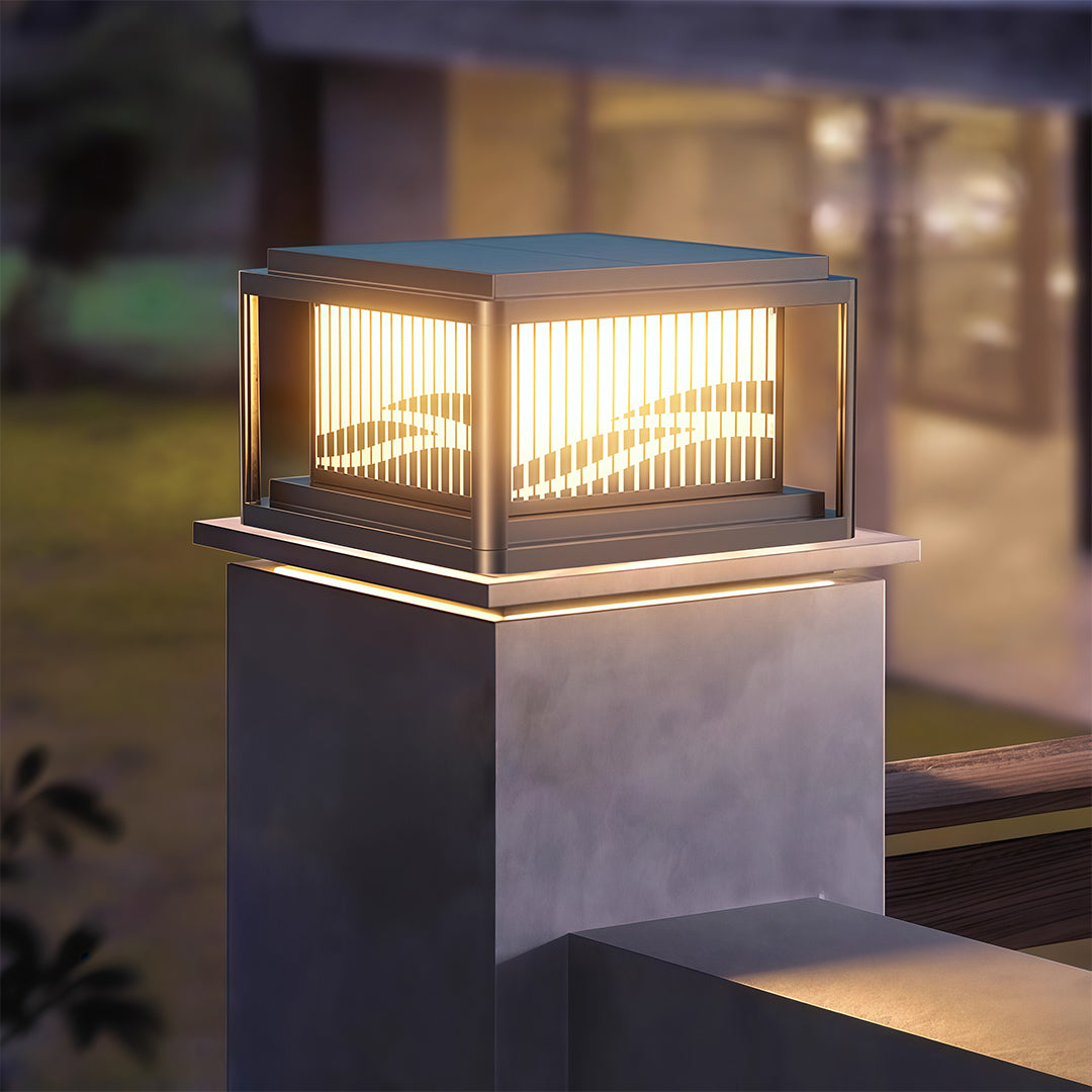 Contemporary Wave-Pattern Outdoor Pillar Light — Aluminum & Acrylic, Solar / Hardwired, Four-Color LED, IP54, 9.8"–15.8"