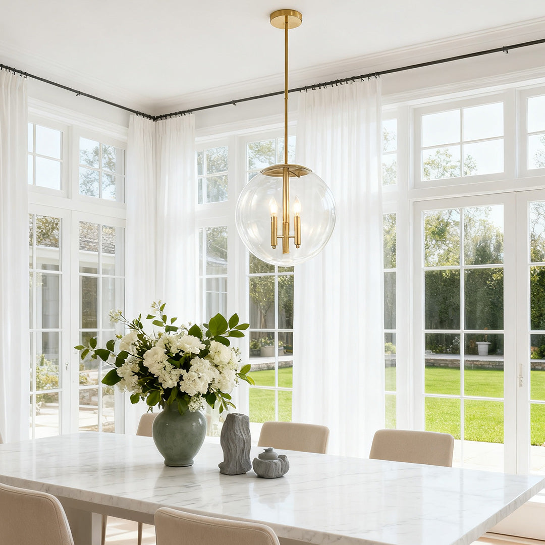 Clear Globe Pendant Light — Gold Metal Frame, Transparent Glass, E12, 2-Light, Adjustable to 52.76"