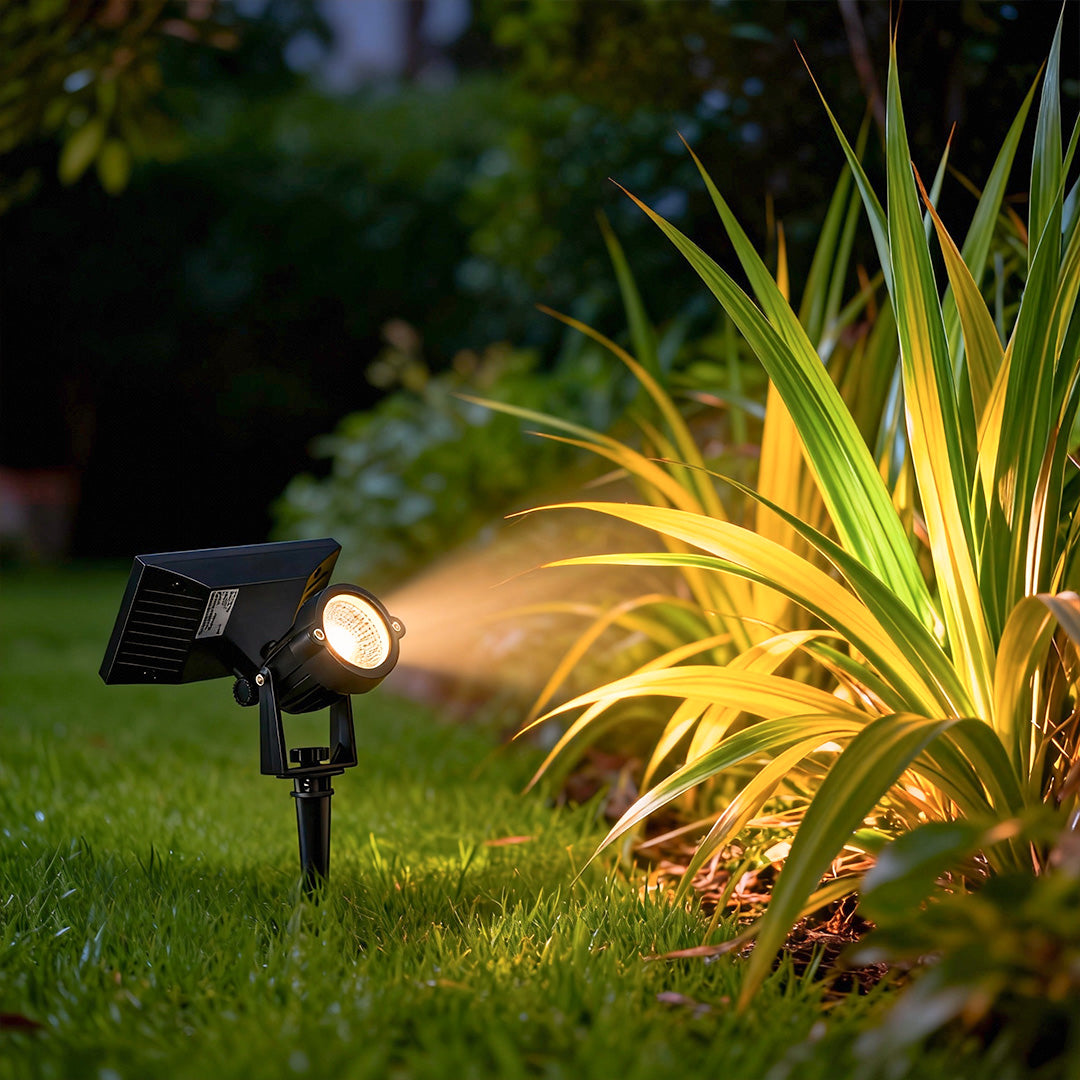 Adjustable RGB Solar Ground Spike Spotlight — Aluminum, 5W LED, IP65 Weatherproof, Warm White / RGB