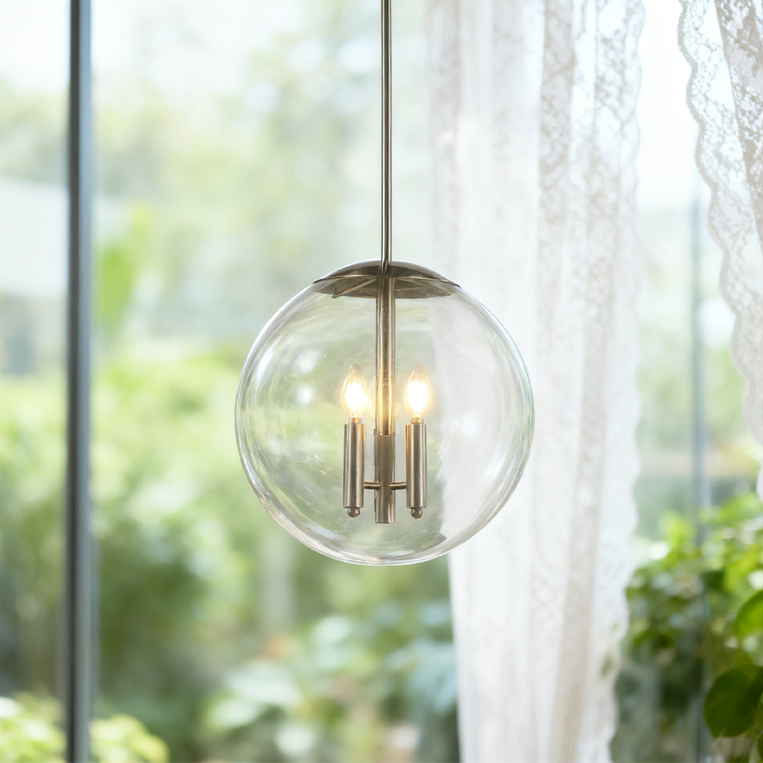Glass Orb Pendant Light — Silver Metal, 2-Light, Adjustable Rod, E12, 16.9"