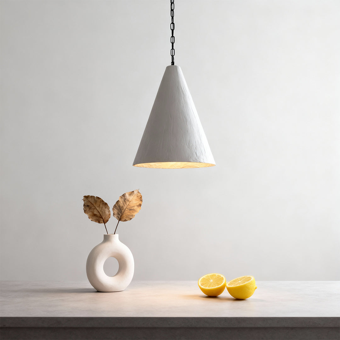 Minimalist Gypsum Pendant Light — White Iron, Adjustable 59.1" Chain, Warm White LED