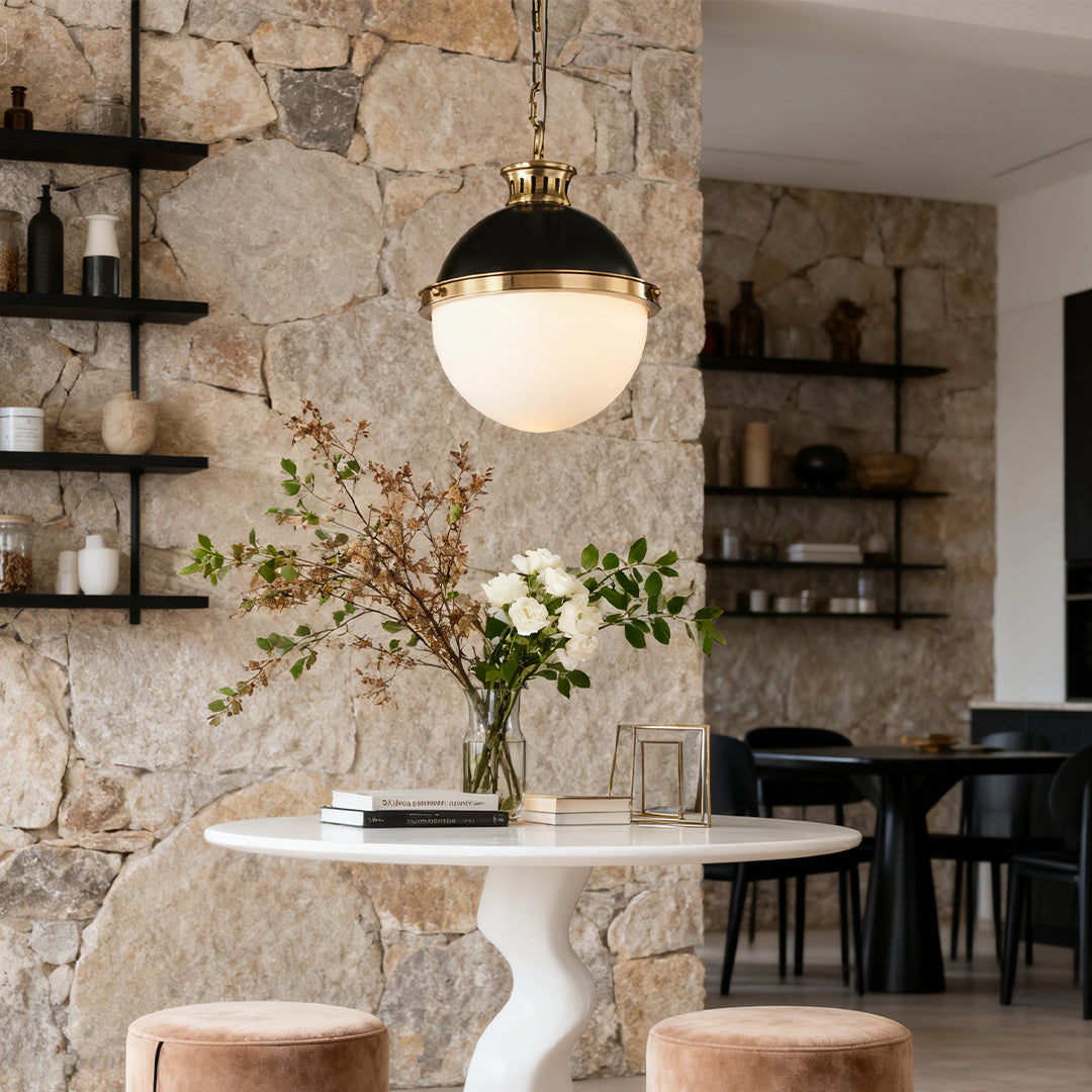 Globe Ball Pendant Light — Black Iron, Milk White Glass, E26, 13.7" Adjustable Hardwired