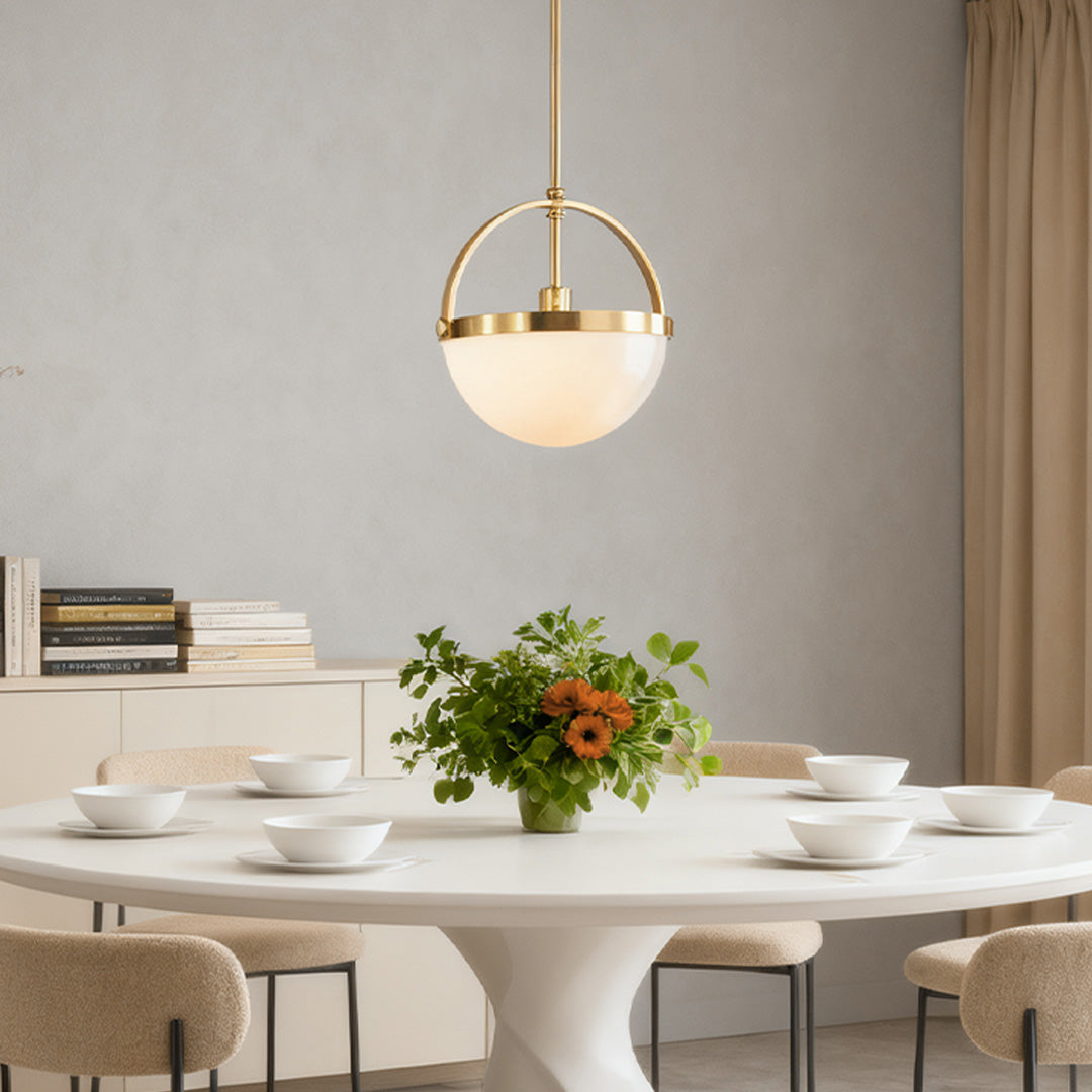 Minimalist Gold and White Pendant Light — Full Copper Body, Frosted Glass Cylinder Shade, E26, 1-Light