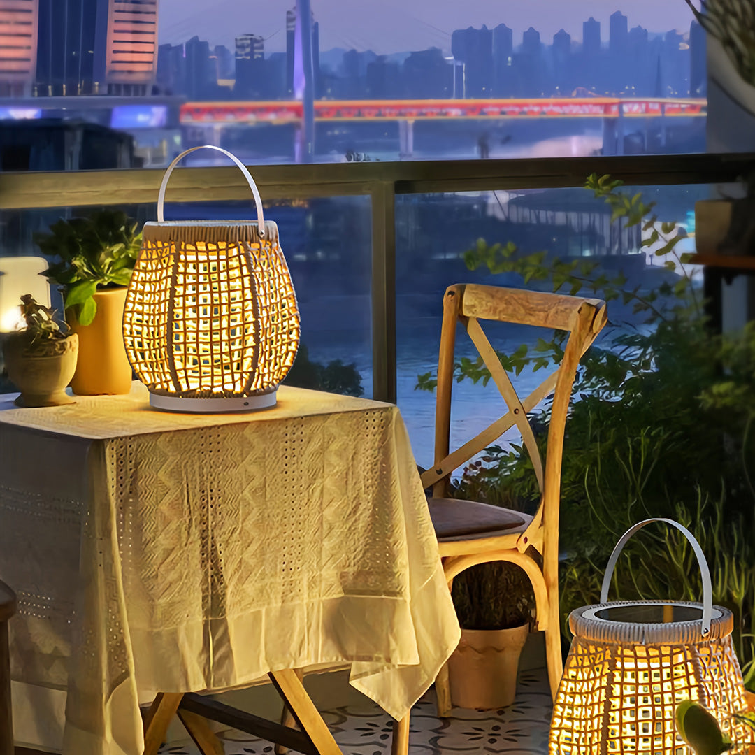 Woven Outdoor Lantern with Handle — Metal & Rattan, Portable, 10W Plug-in / USB Rechargeable / Solar, 4000mAh, IP-Rated