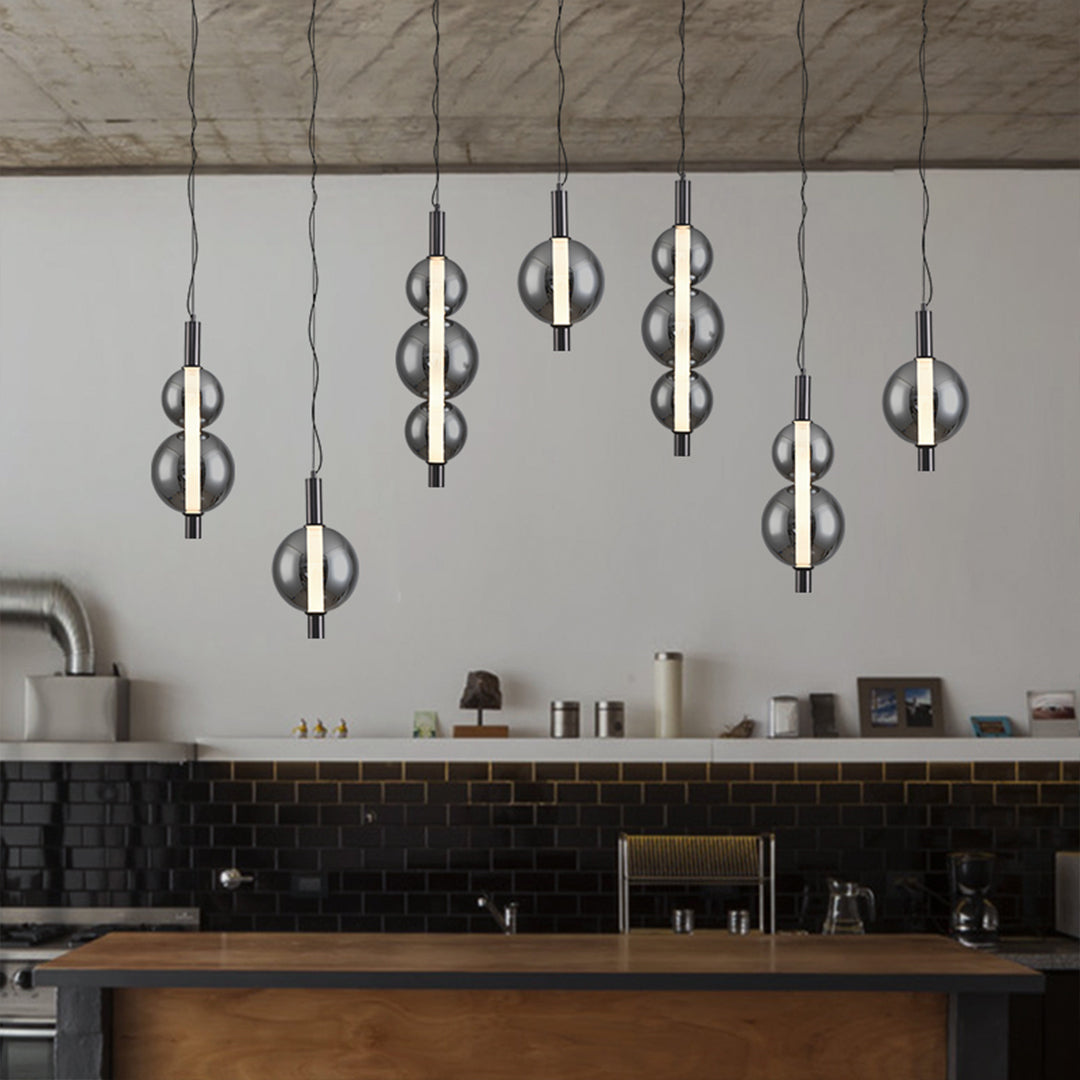 Modern Minimalist Branch Pendant Light — Wrought Iron, Smoke Grey Glass, 1-to-3-Light LED, Three-Color Dimming