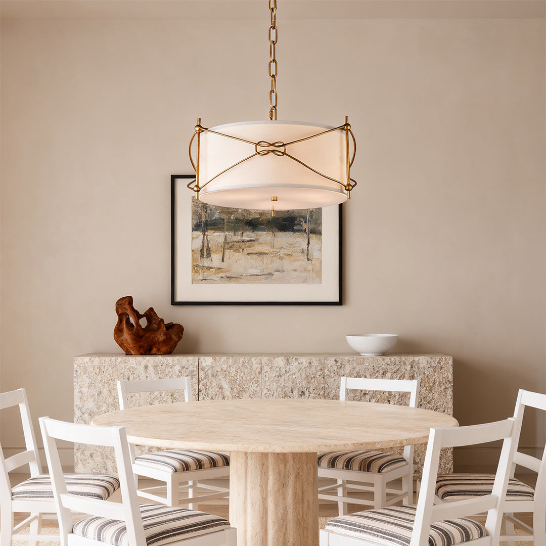 Drum Pendant Light — White Acrylic and Gold Metal Frame, 19.7" Diameter, E12, Adjustable Chain