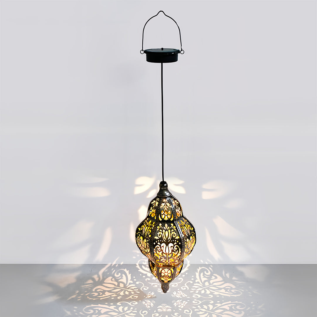 Moroccan Hollow Solar Outdoor Lantern — Wrought Iron, 0.5W Warm LED, 600mAh, IP44, Round or Rectangular