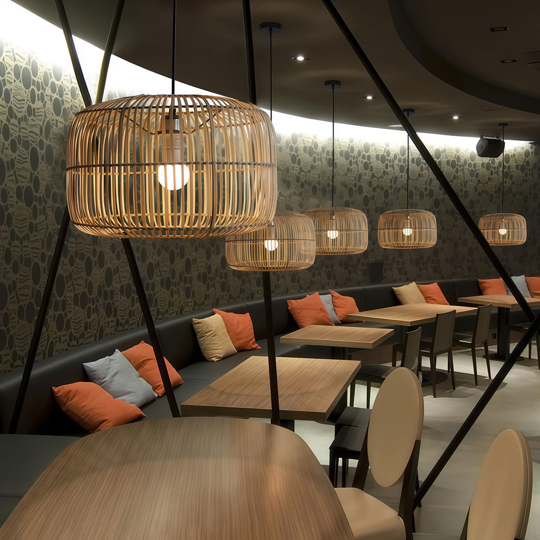 Japanese Minimalist Woven Pendant Light — Hand-Woven Bamboo & Rattan, 15.7" Diameter, E27, 59.1" Adjustable Chain