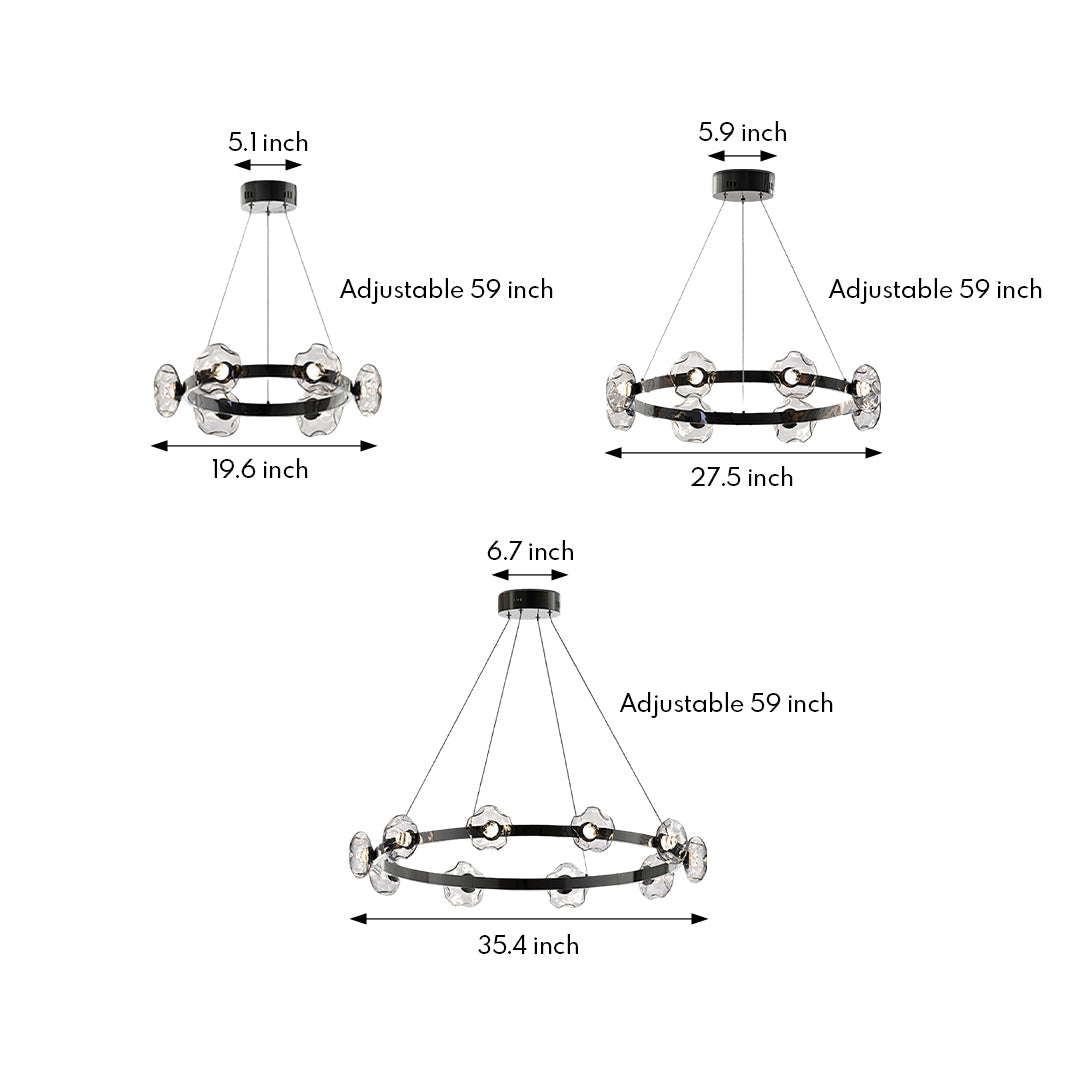 Dome Glass Ring Chandelier — Stainless Steel, 6/8/10-Light, Tri-Color Dimming, Black or Gold