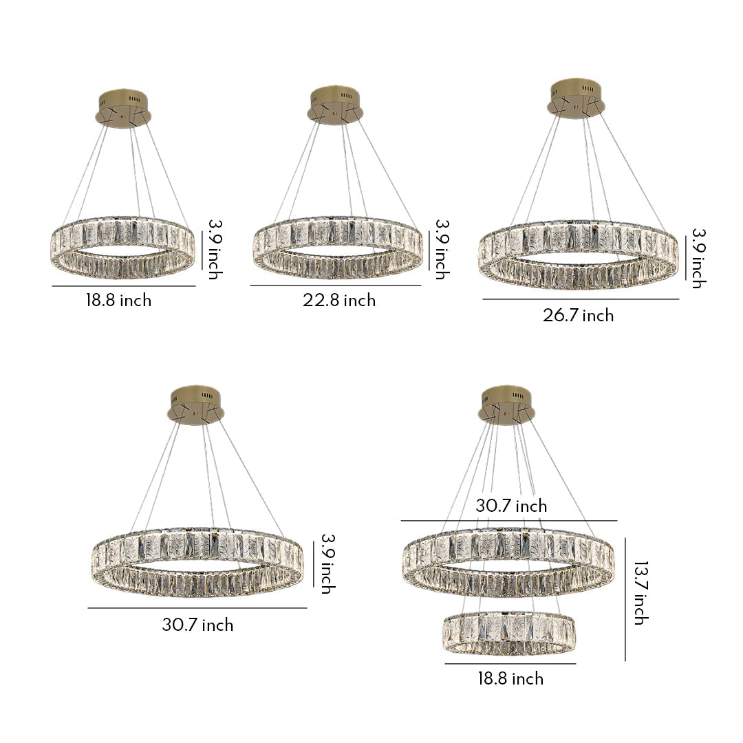 Ring LED Crystal Chandelier — Stainless Steel, Dual-Color 3000K/6000K, Single or Double Ring, 50–80cm