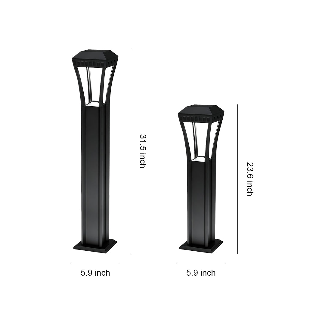 Geometric Square Bollard Light — Black Aluminum, Transparent Glass, 7W LED, IP54, 60cm / 80cm