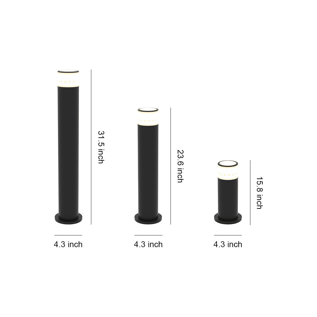 Cylindrical Outdoor Bollard Path Light — Black Aluminum, 7W LED, 3000K, IP54, Three Heights