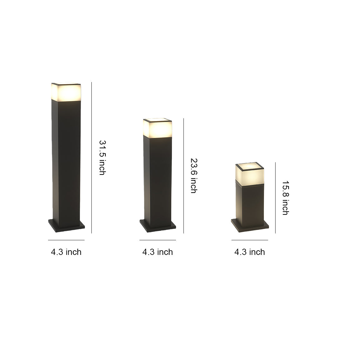 Modern Square Bollard Path Light — Black Aluminum, White Acrylic, 7W LED, 3000K, IP54, Available in 15.8", 23.6", 31.5"