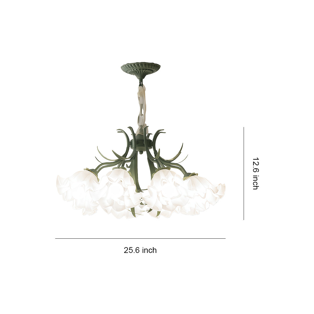 Lily-of-the-Valley Flower Chandelier — Green Iron, 8-Light, Three-Color Dimming, E27, 25.59" Wide