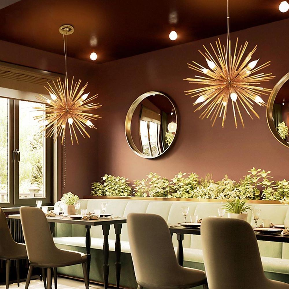 Geometric Starburst Chandelier — Metal, 8-Light Sputnik, Gold or Chrome, 22" Diameter