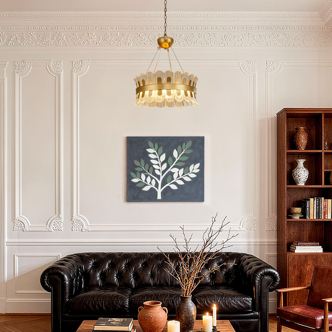 Round LED Chandelier — Gold-Plated Metal, Acrylic & Glass Shade, 25W 3000K, 23.6" Diameter, Adjustable Suspension