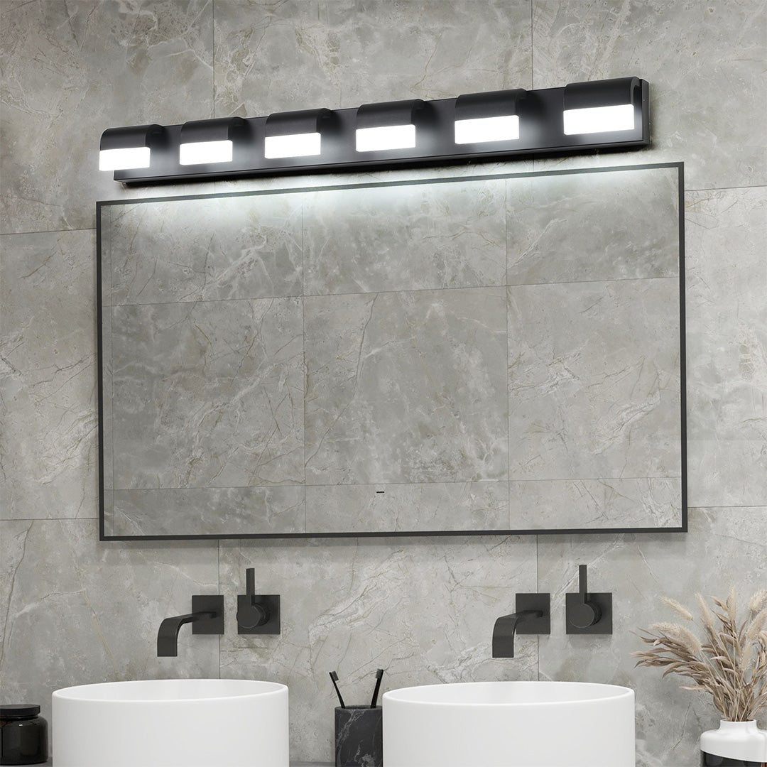 Modern Bathroom Vanity Light — Black Iron, White Acrylic, Integrated LED 6000K, 3- to 6-Light