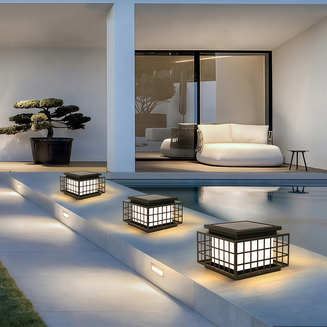 Modern Gate Pillar Light — Black Stainless Steel, Marble-Effect Shade, Solar or Hardwired, IP54, E27, 4 Sizes