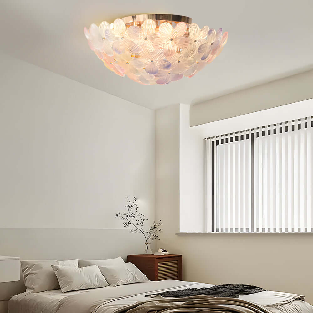 French Petal Glass Semi Flush-Mount — Iron Body, E14, 6-Light or 9-Light, Pink / Blue / Mint Green