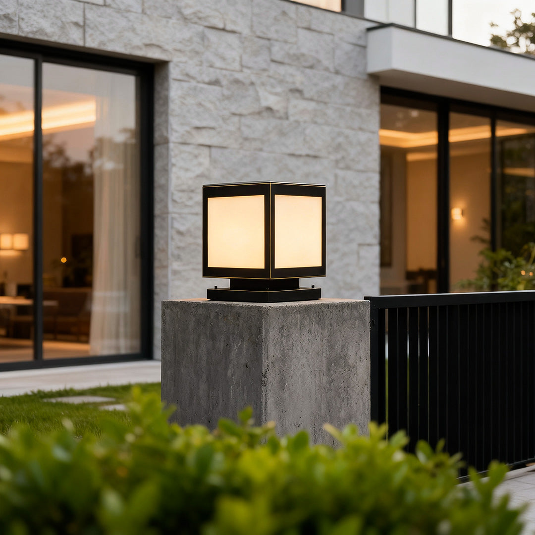 Square Copper Outdoor Pillar Solar Light — Marble-Imitation Shade, 5W LED, IP55 Weatherproof