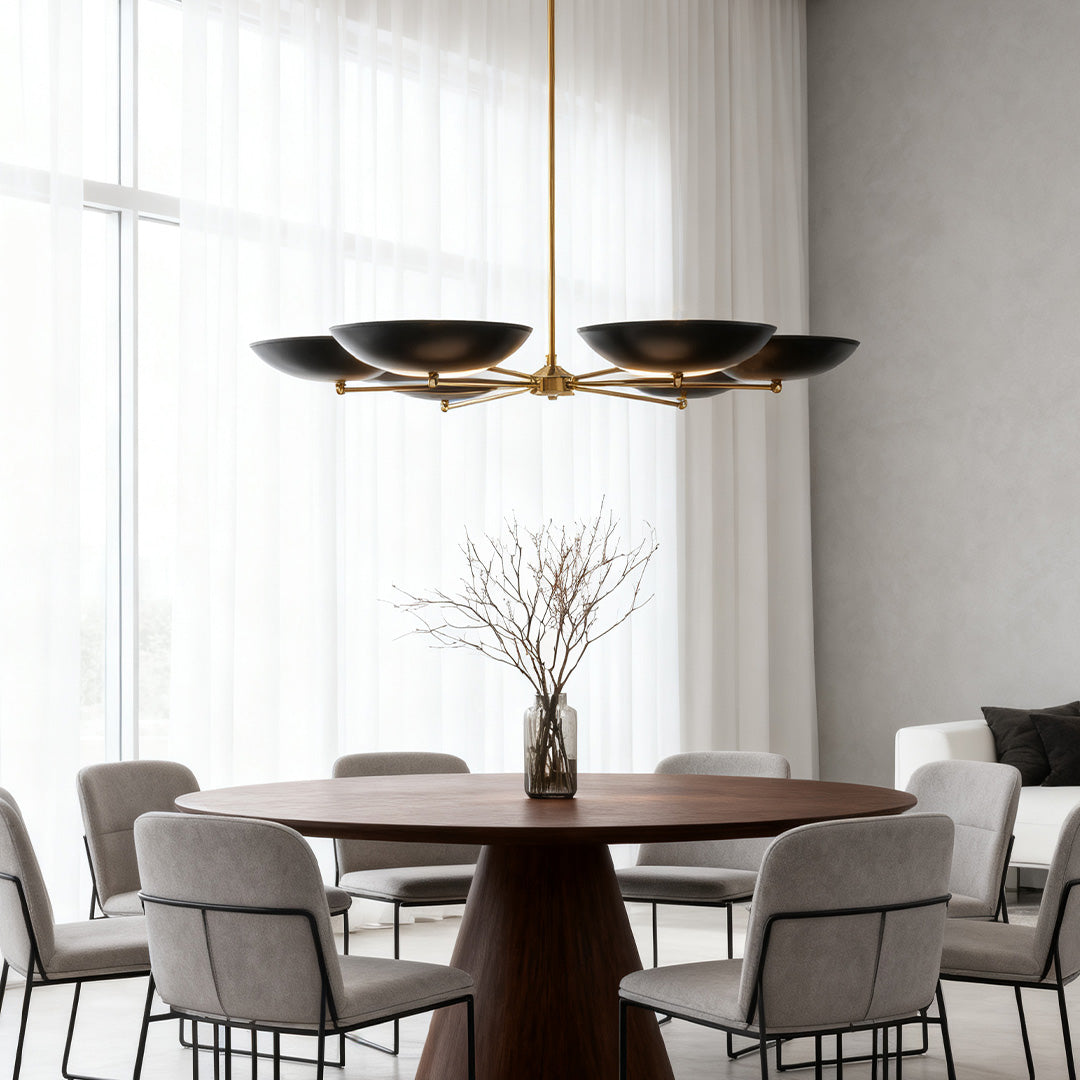 French Vintage Chandelier — Black and Gold Metal, 6-Light G9, 40" Diameter
