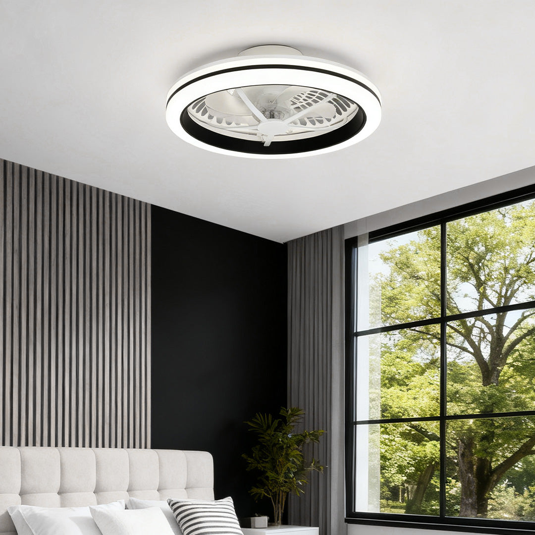 Round White Flush Mount Ceiling Fan with Light - Plastic Design