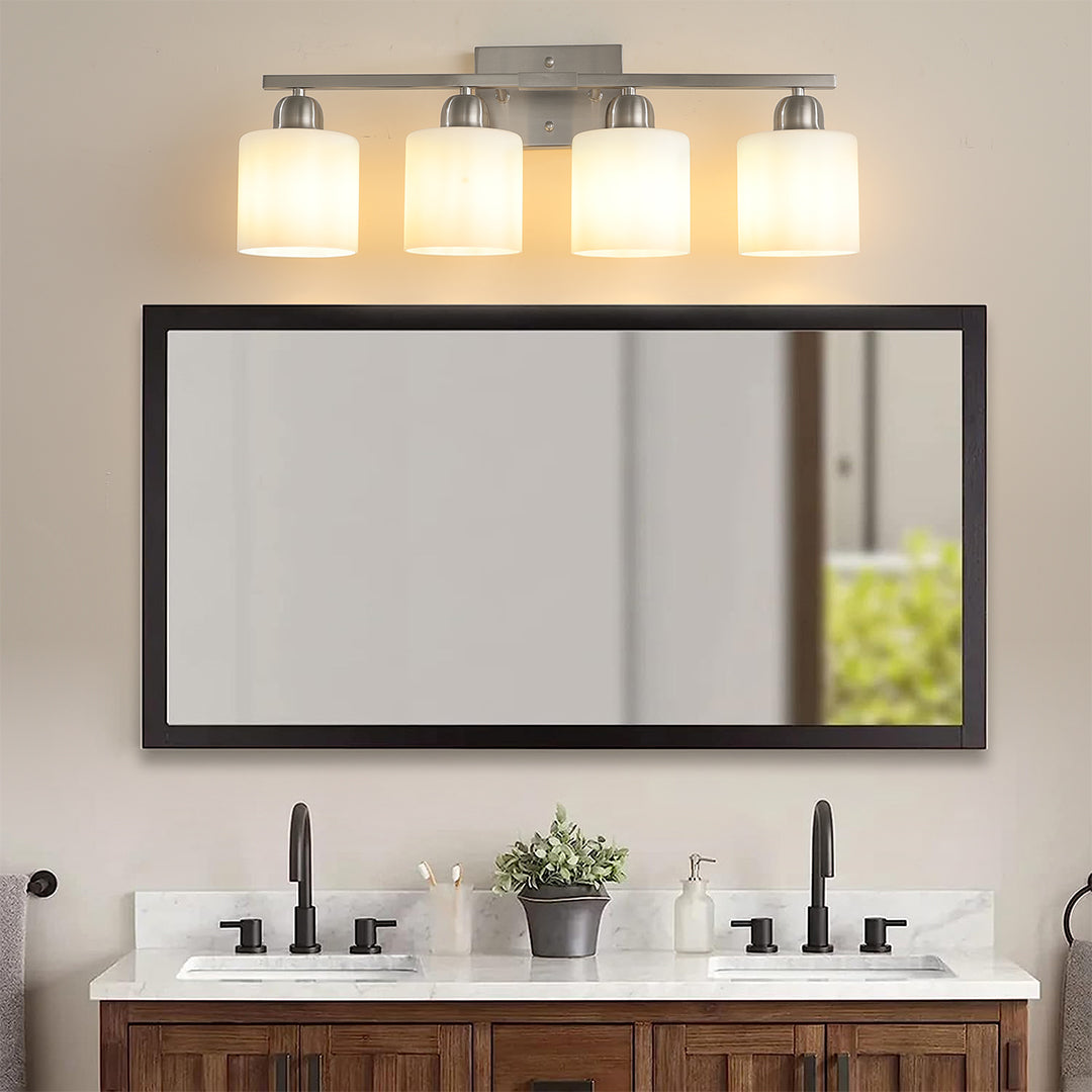 Minimalist Bathroom Vanity Light — Creamy White Glass, Metal Frame, E26, 4/5/6/8/10-Light, Matte Black / Sand Nickel / Copper