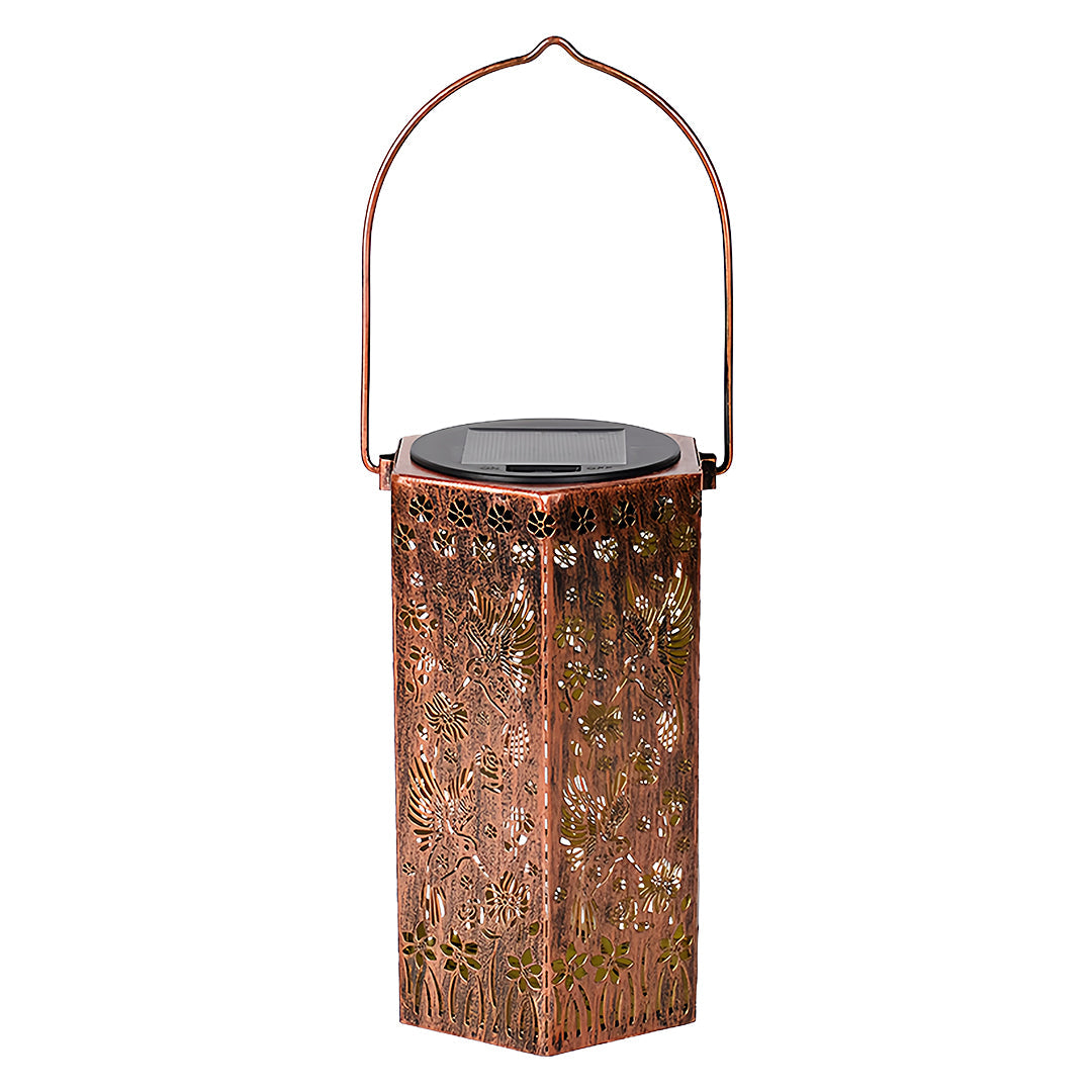 Hollow-Out Hexagonal Solar Outdoor Lantern — Copper-Red Wrought Iron, 0.5W Warm LED, IP44, 600mAh, Nature Motifs