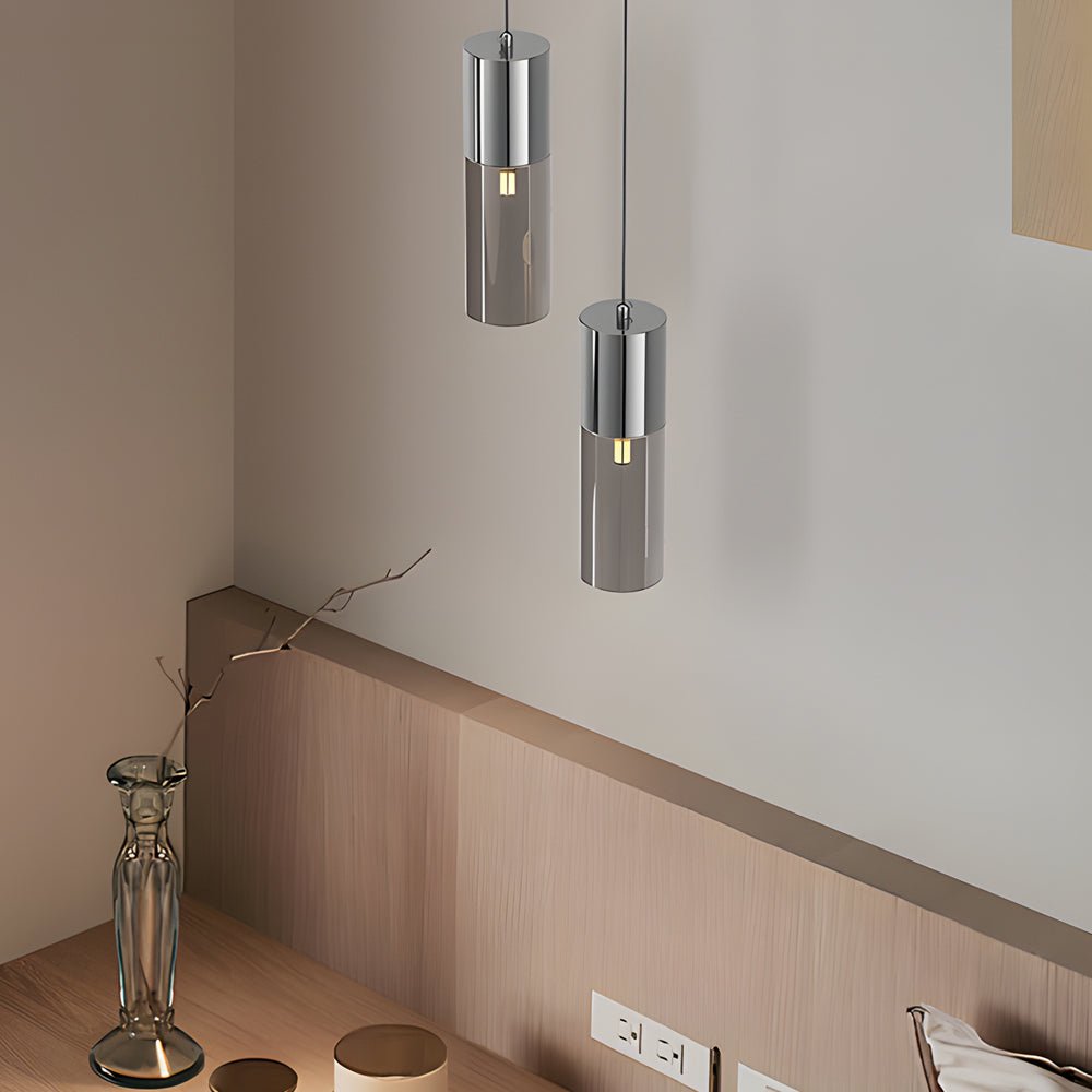 Cylinder Mini Pendant Light — Mirrored Iron and Smoke Gray Glass, 7W LED, 3-Step Dimming