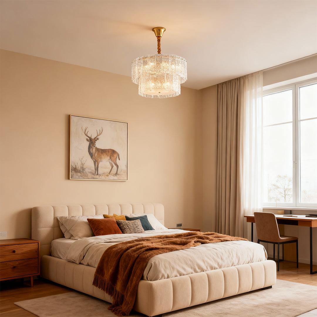 Modern Small Chandelier — Solid Copper, Transparent Glass Shade, 23.6" Diameter, E14, Hardwired