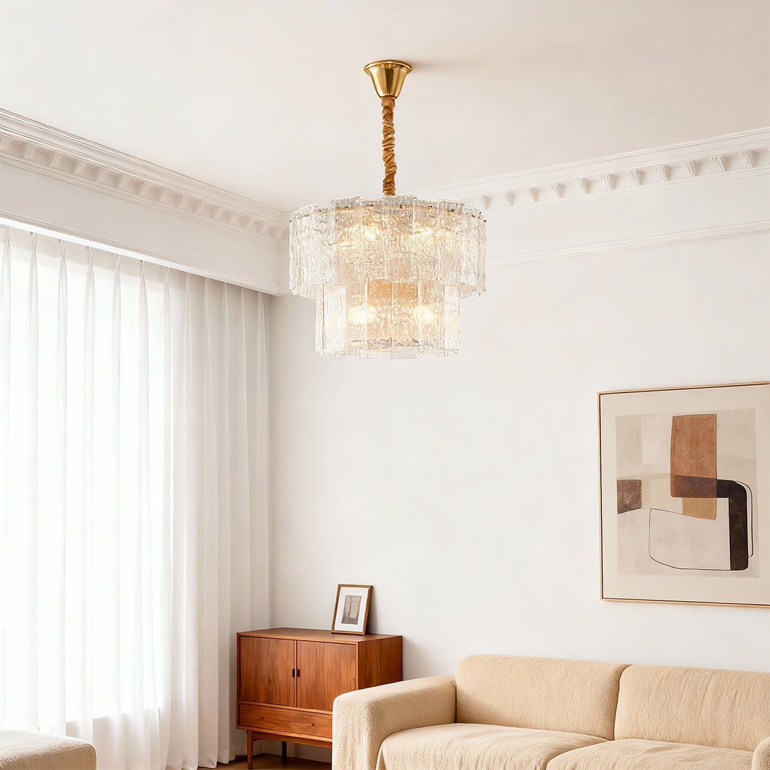 Modern Small Chandelier — Solid Copper, Transparent Glass Shade, 23.6" Diameter, E14, Hardwired