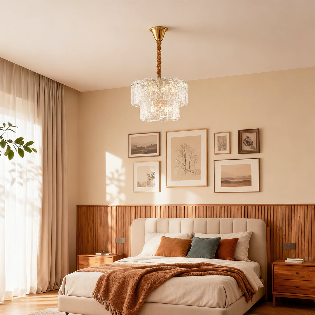 Modern Small Chandelier — Solid Copper, Transparent Glass Shade, 23.6" Diameter, E14, Hardwired