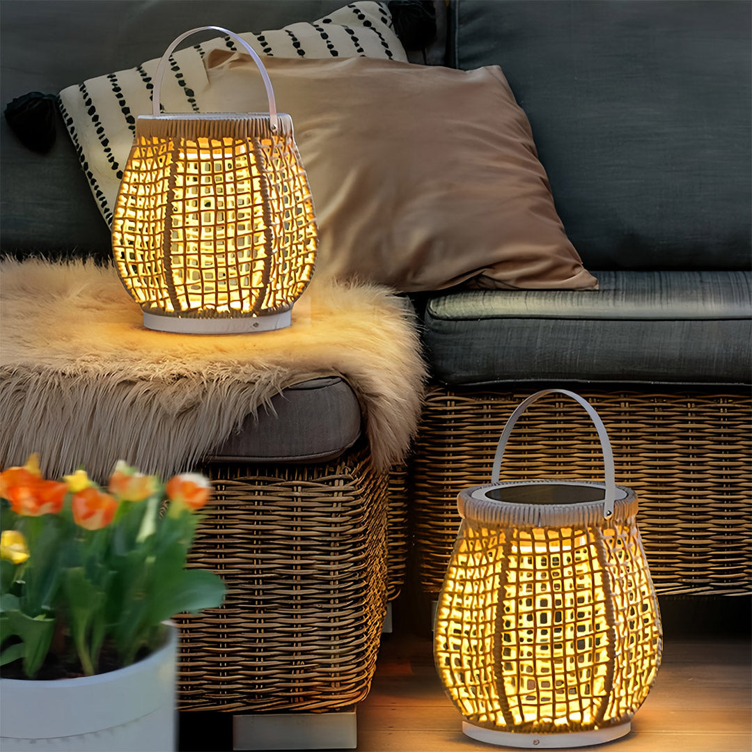 Woven Outdoor Lantern with Handle — Metal & Rattan, Portable, 10W Plug-in / USB Rechargeable / Solar, 4000mAh, IP-Rated