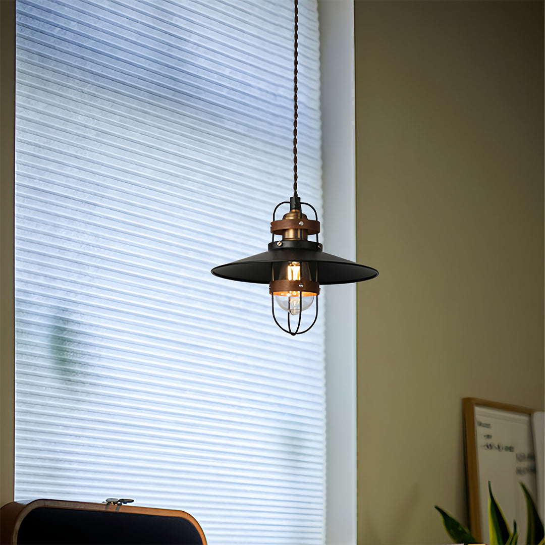 Industrial Vintage Mini Pendant — Black Iron and Walnut Wood, E27, Adjustable 1.8m Chain