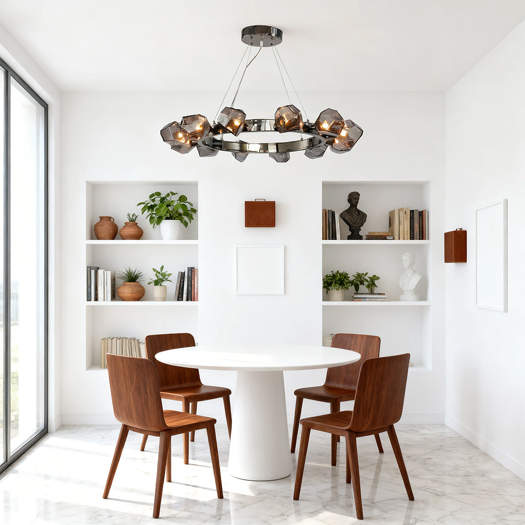 Geometric Glass Shade Round Chandelier — Black Metal, E12, Adjustable 1.8m Cord, 30.9"