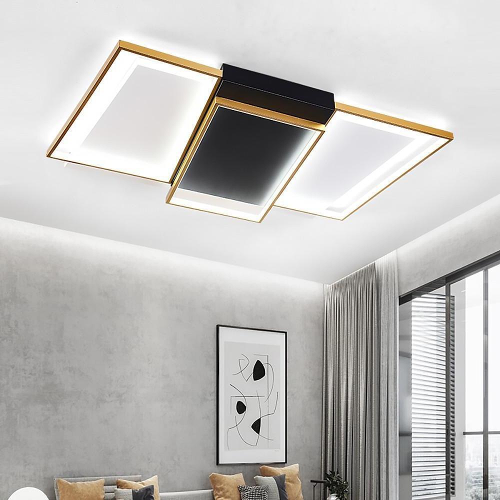 Geometric Rectangle and Round LED Flush-Mount Chandelier — Black and Gold, 3-Step Dimming, Multiple Sizes