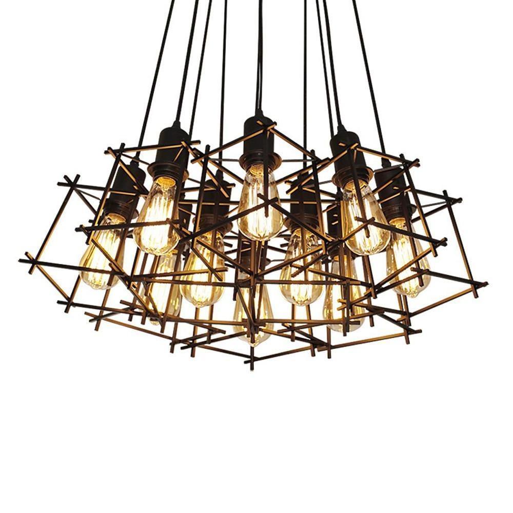 Industrial Cage Chandelier — Black Metal, Vintage Lantern, 1-Light, E26/E27, Adjustable Height