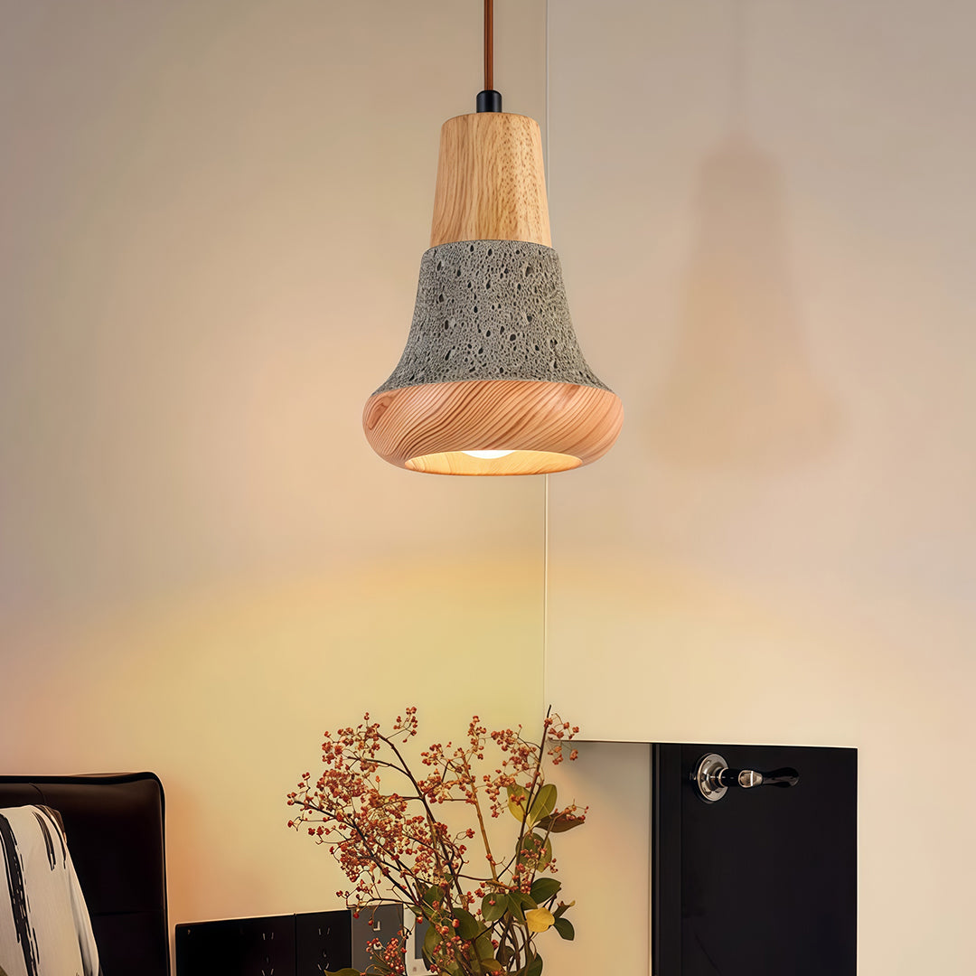 Wabi-Sabi Pendant Light — Micro-Cement and Wood, 1-Light, E27, 70.9" Adjustable Cord