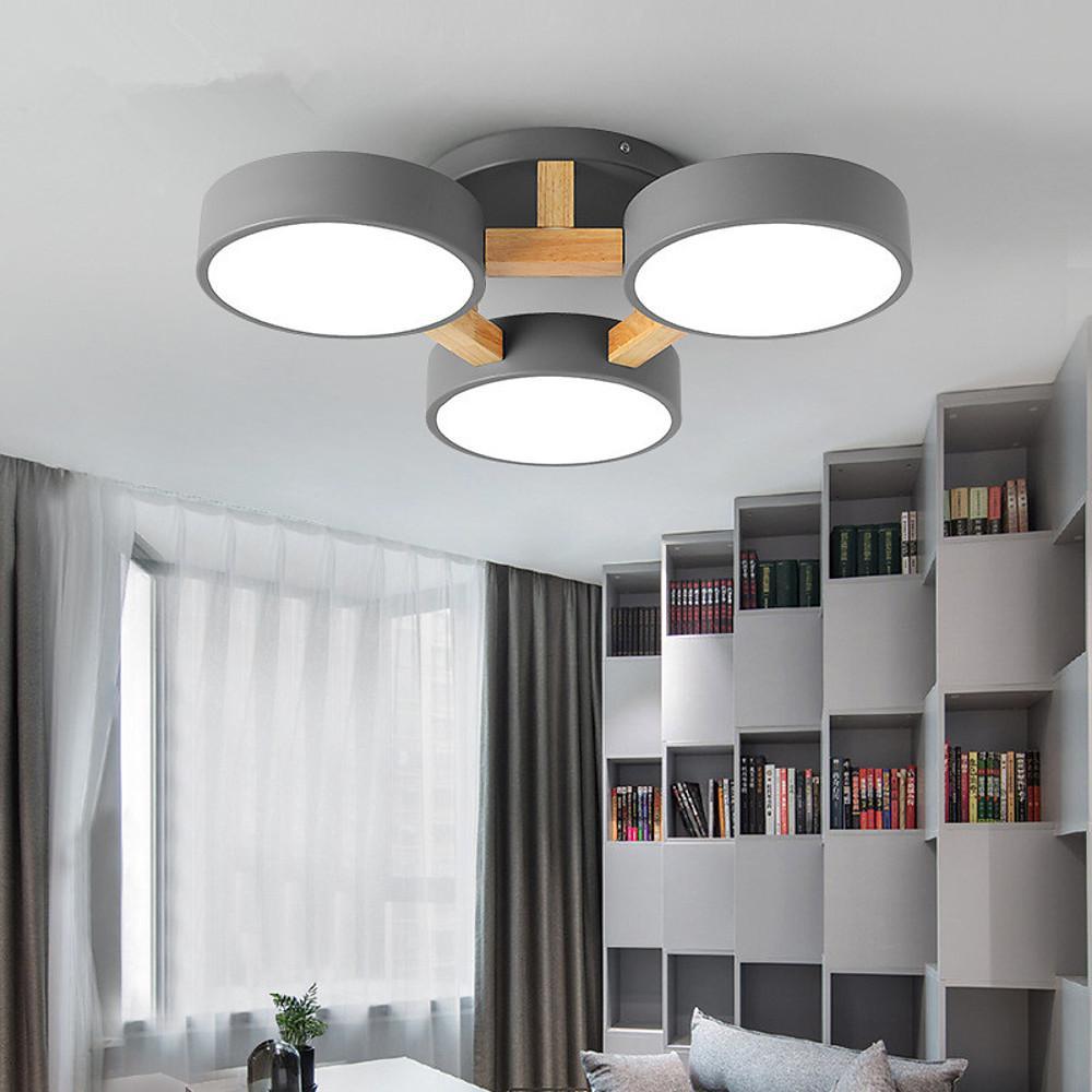 Triple Circular Flush-Mount Ceiling Light — Metal and Wood, 3-Light, 36W LED, 3-Step Dimming, 21"