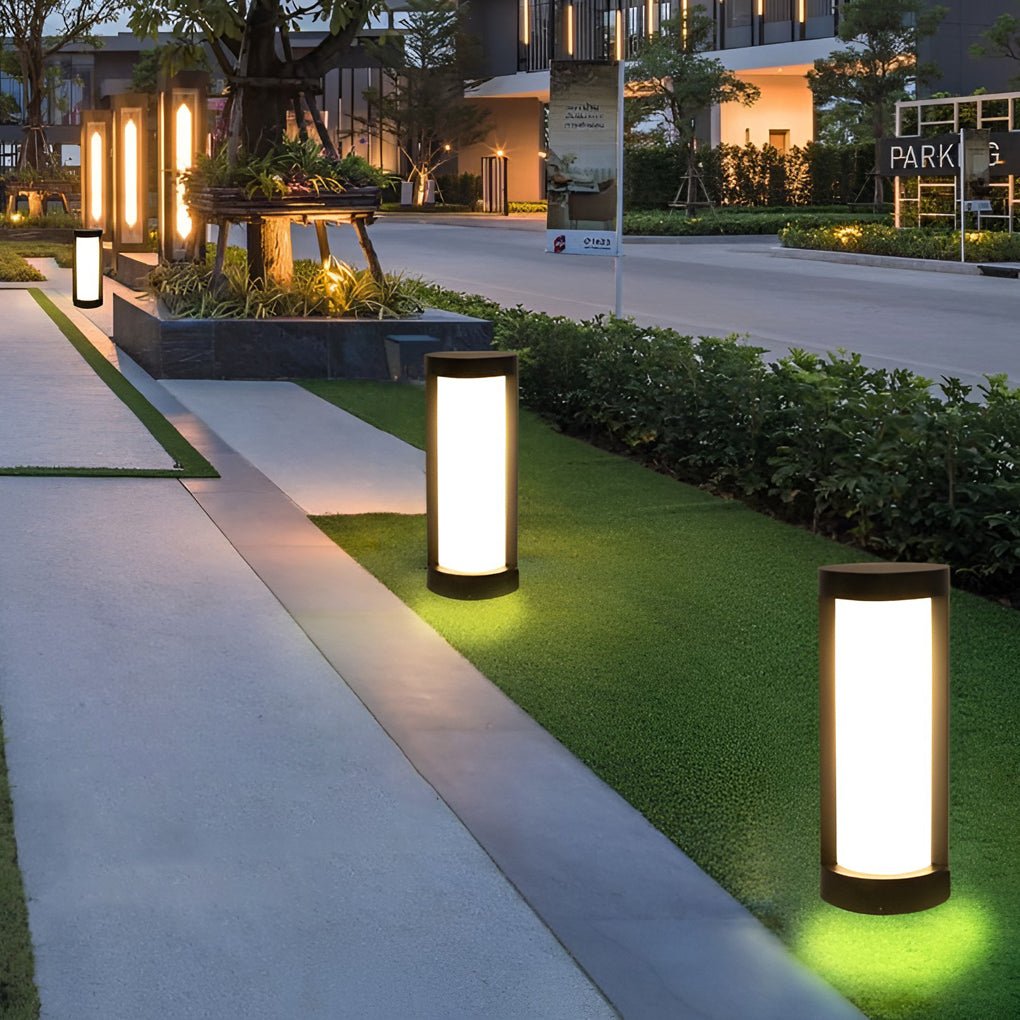 solar and wired outdoor lighting solutions black cylindrical led pathway bollard lights