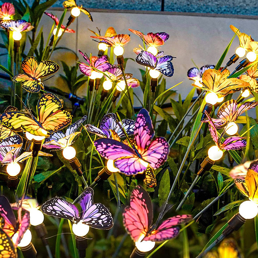Six-Head Butterfly Solar Garden Stake Light — Fabric Butterflies, LED Warm White, Dusk-to-Dawn, IP65 Weatherproof